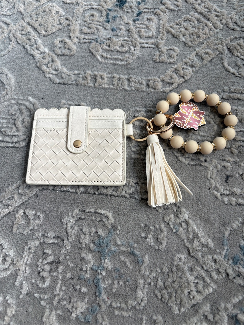 White Cardholder Keychain Wristlet with Tassel